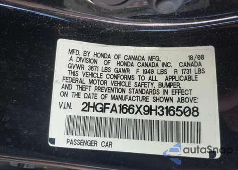 2009 Honda Civic Lx-S z USA, uszkodzony, nr VIN 2HGFA166X9H316508